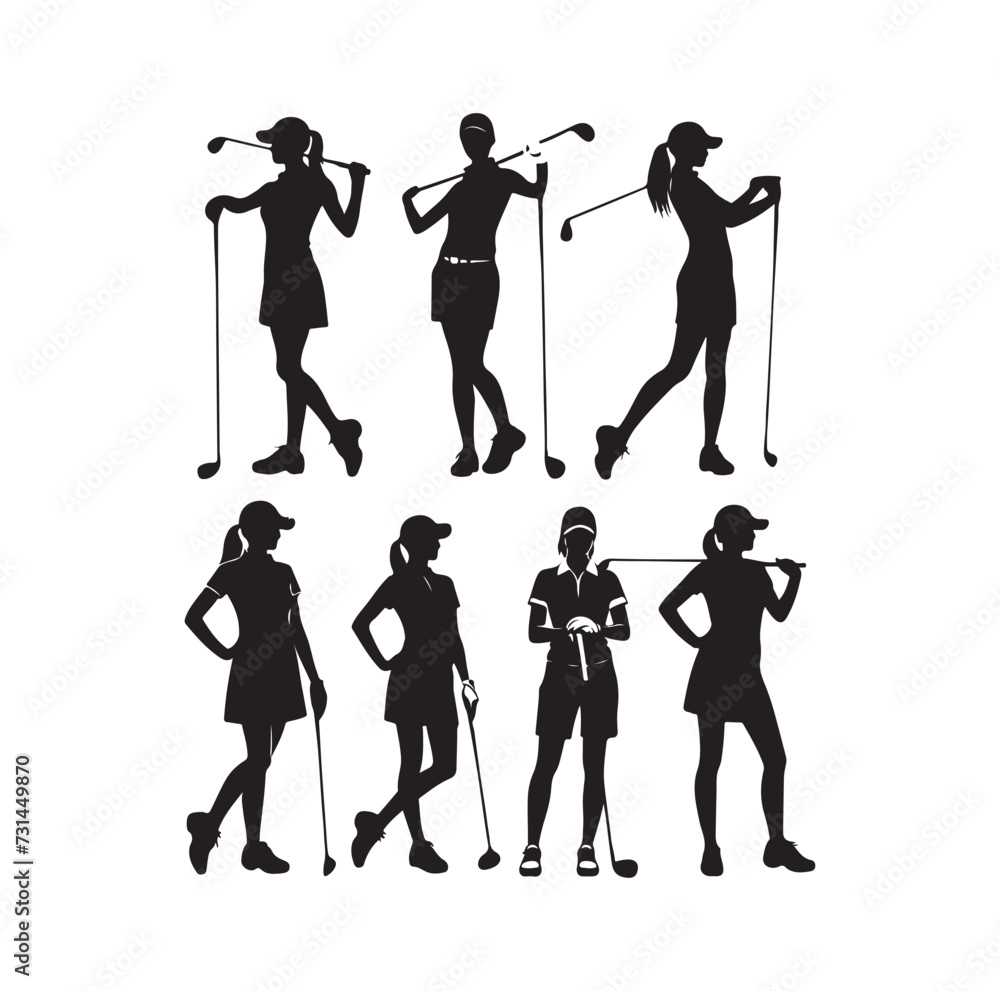 Obraz premium Golf player and icon silhouettes vector illustration set