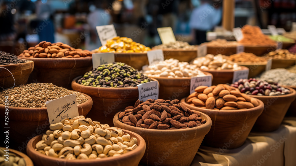 Variety of nuts and seeds at a market.