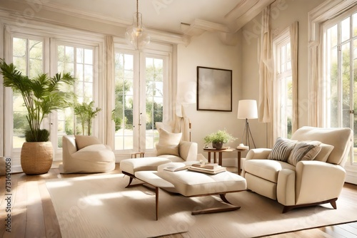 A serene living room featuring a pristine cream-colored recliner bathed in natural sunlight, creating a tranquil oasis within the home's interior. © mohsin