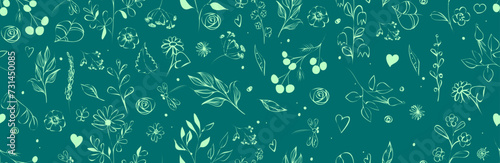 Floral vector banner with leaves, plants, dragonflies, butterflies. Abstract natural elements in doodle style. Plant silhouette. Print out a holiday background. Minimalistic design. Vector