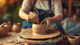 Artistic potter crafting matching ceramics in vibrant studio ambiance