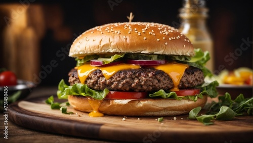 Cheeseburger with beef patty  lettuce  tomato  and onion on a wooden background  creating a delicious fast-food meal