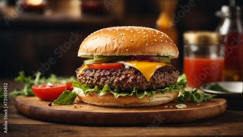 Cheeseburger with beef patty, lettuce, tomato, and onion on a wooden background, creating a delicious fast-food meal