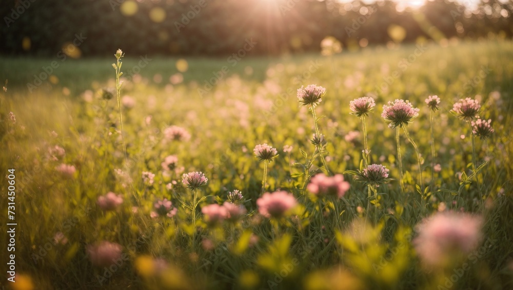 Obraz premium Floral Meadow Under Blue Sky: A vibrant, blooming meadow filled with colorful flowers, set against a backdrop of a clear blue sky in the midst of spring or summer