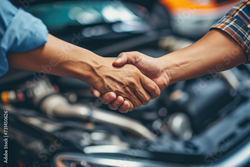 Car service. The mechanic and the customer shake hands. Excellent cooperation photo