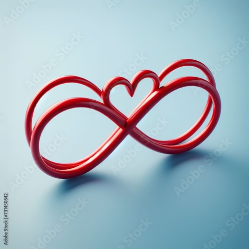 double red round plastic infinity sign and stylized red heart sign, neutral blue background, 3D photo