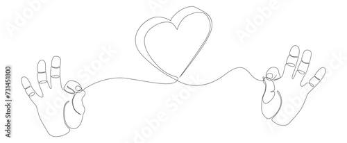 One continuous line of hand showing heart shape. Thin Line Illustration vector Valentine's Day concept. Contour Drawing Creative ideas.