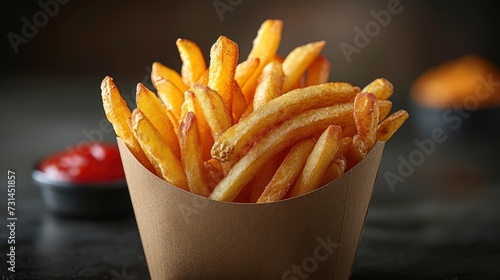 Crispy French Fries in Paper Wrapper on Table