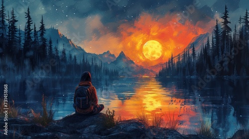 A person is sitting by a serene lake, contemplating the stunning view of a glowing moonrise amidst a twilight landscape