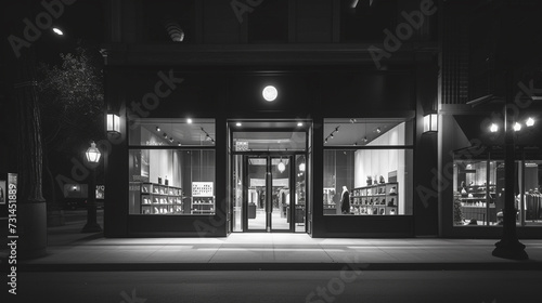 Exterior of a high-end fashion store, luxurious, exclusive, elegant, polished, downtown, Mirrorless. Prime lens, night, commercial photography, black and white film.