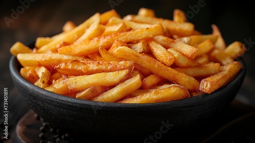 Crispy French Fries in wooden bowl on Table.