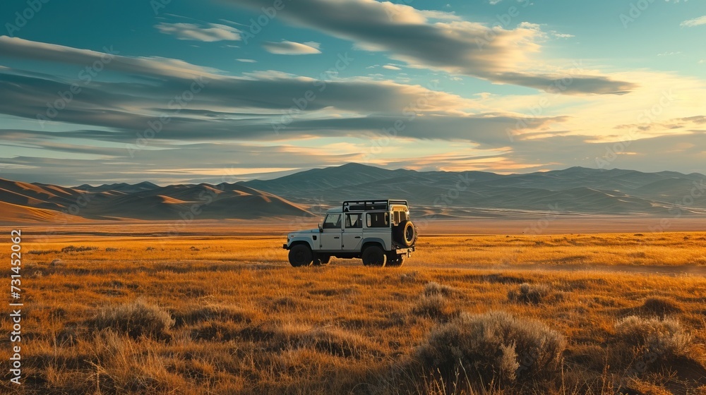 Fototapeta premium A solitary off-road vehicle is parked amidst a vast, golden field under a wide, cloudy sky at sunset