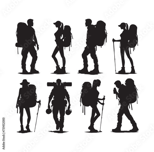 Male and female hiker set. hiking man and woman with rucksacks silhouette. Backpacker and climber people.