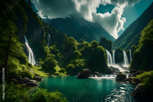 A picturesque view of cascading waterfalls surrounded by rich, green landscapes and towering mountain peaks. © mohsin