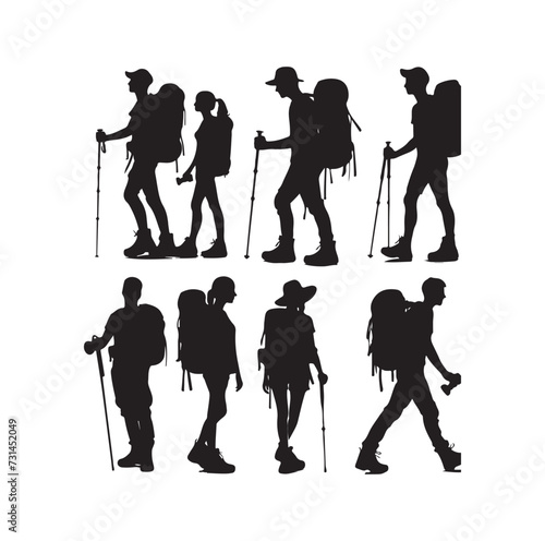 Male and female hiker set. hiking man and woman with rucksacks silhouette. Backpacker and climber people.