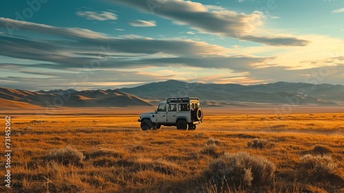 A solitary off-road vehicle is parked amidst a vast  golden field under a wide  cloudy sky at sunset