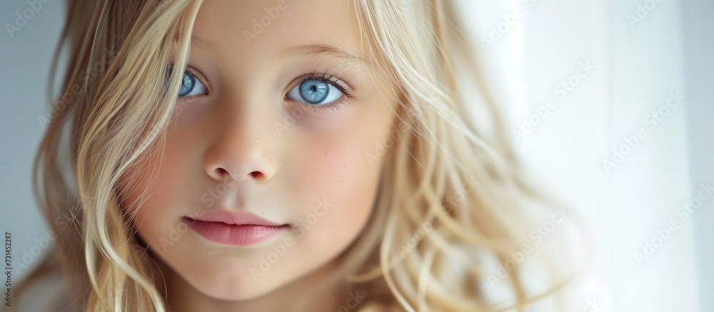 A fun and artistic child with a smile is looking at the camera, showing her blonde hair, blue eyes, and adorable little nose, eyelashes, jaw, and ears. A fun and artistic child with a smile is looking at the camera, showing her blonde hair, blue eyes, and adorable little nose, eyelashes, jaw, and ears.