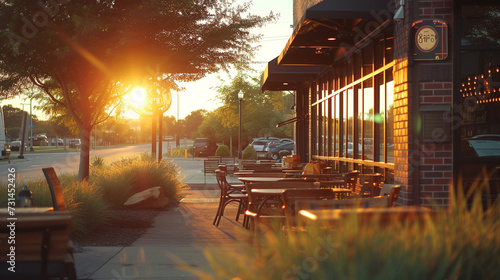 Outside of a modern coffee shop, cozy, lively, warm, rustic, suburban, DSLR. Macro lens, sunrise, lifestyle photography, color film. photo