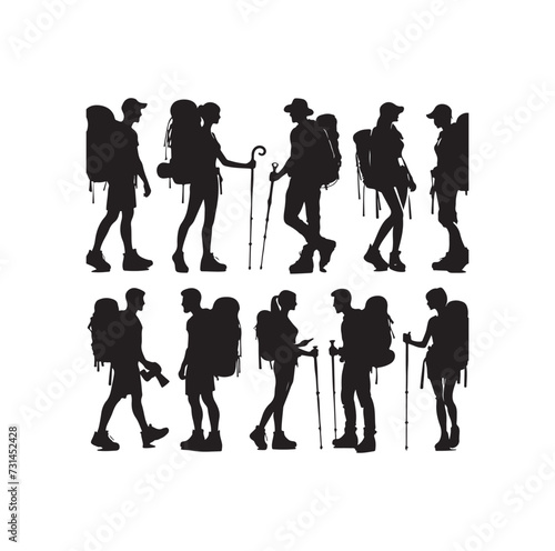 Male and female hiker set. hiking man and woman with rucksacks silhouette. Backpacker and climber people.