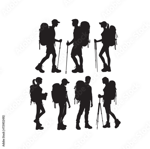 Male and female hiker set. hiking man and woman with rucksacks silhouette. Backpacker and climber people.