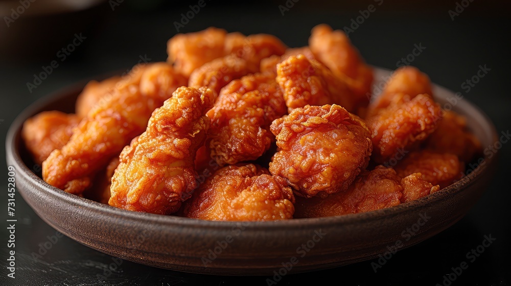 Pile of Delicious Crispy Fried Chicken on a round plate on the table.