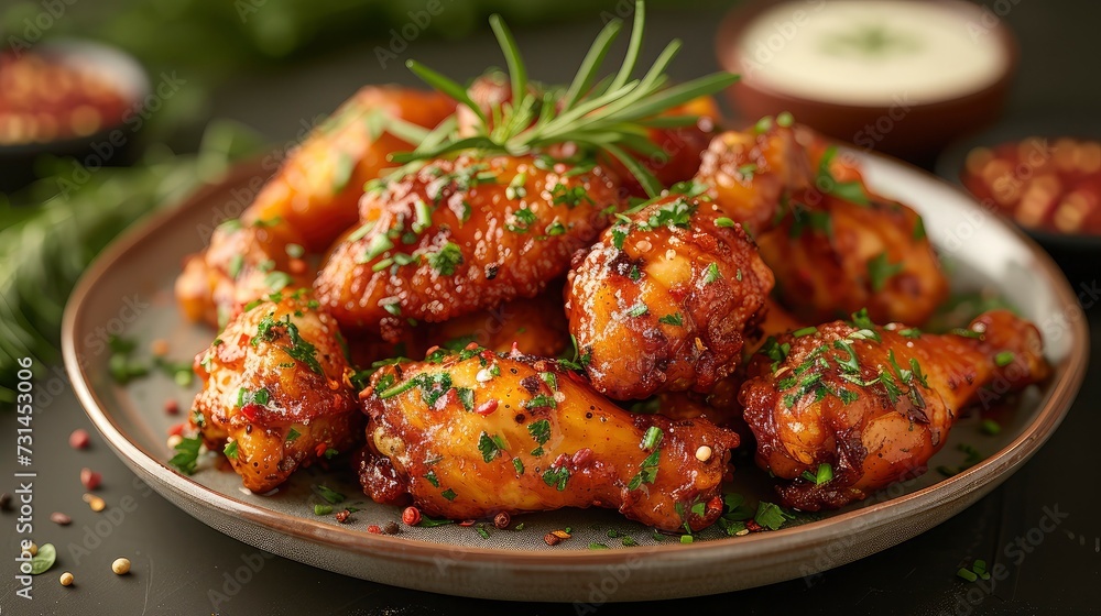 Delicious Fried Chicken sprinkled with celery, salt, parsley, on a plate ready to be served. Delicious Fried Chicken sprinkled with celery, salt, parsley, on a plate ready to be served.