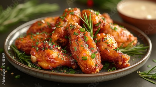 Delicious Fried Chicken sprinkled with celery, salt, parsley, on a plate ready to be served.