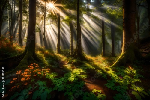 Sun rays piercing through a thick canopy, illuminating a serene, mist-covered forest floor dotted with vibrant wildflowers.