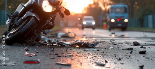 Close-up of motorcycle accident with scattered debris on the road