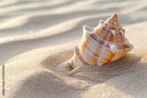 Generative AI Image of Beautiful Sea Shell with Wavy White Sand on Beach