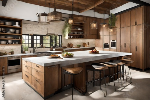 A kitchen featuring a mix of textures, combining stone countertops, wooden cabinets, and metal finishes for visual interest.
