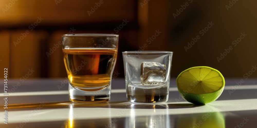 A close-up photo of a tequila shot next to a lime on a wooden surface, ideal for casual dining or bar promotions. A close-up photo of a tequila shot next to a lime on a wooden surface, ideal for casual dining or bar promotions.