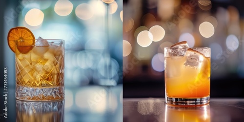 A captivating banner of a Whiskey Sour and Rusty Nail cocktail with blurred lights in the background, ideal for a trendy bar or restaurant's drink advert. 