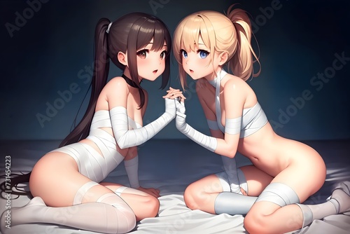 Sensually Bound: Two Semi-Nude Girls Blindfolded