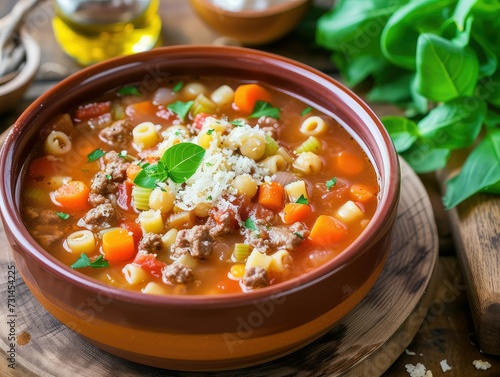 Minestrone soup with mix of vegetables. Italian cuisine.