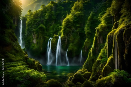 Majestic waterfalls streaming down mossy cliffs, accentuating the natural allure of the surrounding green peaks.