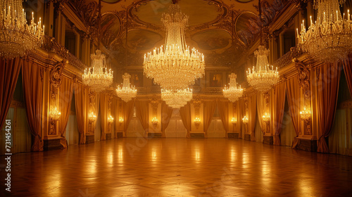 A grand chandelier illuminating a ballroom adorned with gold leaf and velvet drapery. photo