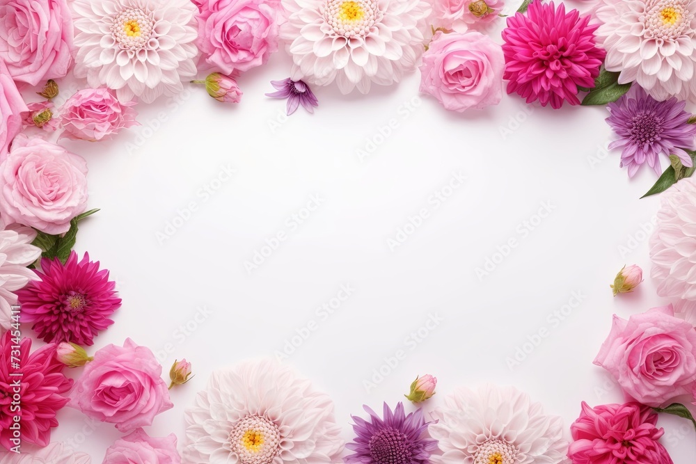 Frame assorted leaves and flowers on white border background. Valentine'sday-mother's day. greeting card. presentation. advertisement. copy text space. Frame assorted leaves and flowers on white border background. Valentine'sday-mother's day. greeting card. presentation. advertisement. copy text space.