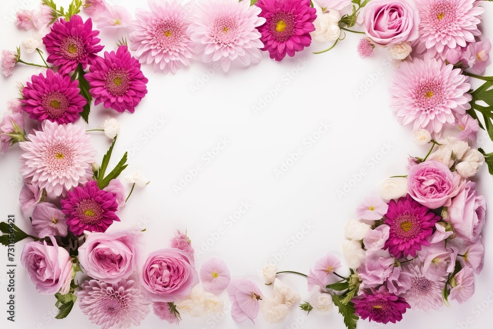 Frame pink assorted leaves and flowers on white border background. Valentine'sday-mother's day. greeting card. presentation. advertisement. copy text space. Frame pink assorted leaves and flowers on white border background. Valentine'sday-mother's day. greeting card. presentation. advertisement. copy text space.