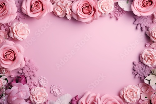 Frame rose assorted leaves and flowers on pink border background. Valentine sday-mother s day. greeting card. presentation. advertisement. copy text space.
