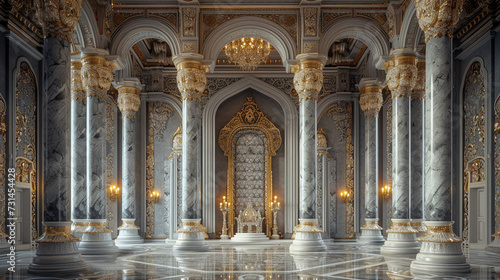 A throne room with intricately carved marble pillars and a throne of ebony and ivory.