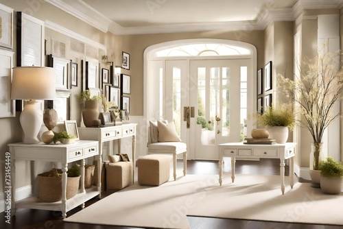A welcoming foyer with white console tables, cream-colored ottomans, and decorative accents for an elegant entryway.