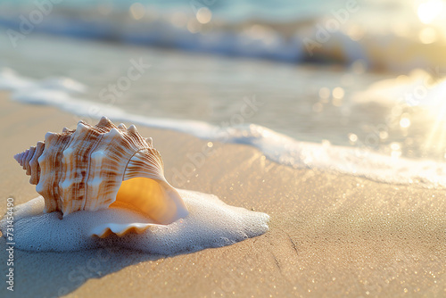 Generative AI Image of Conch Sea Shell on Seashore with Water Waves in Summer © heartiny