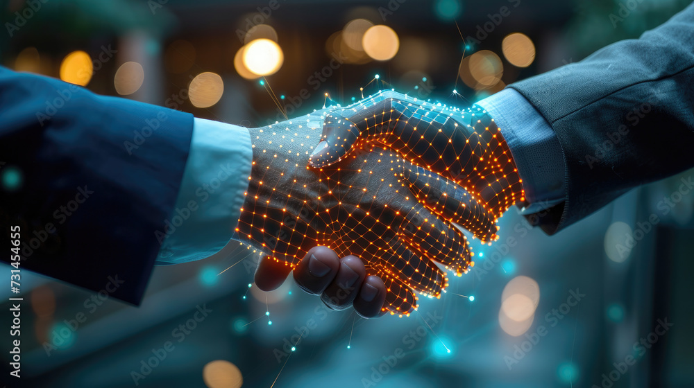Close-up of a leader's hand shaking a holographic hand, representing the merging of human leadership with AI technology in business innovation 632