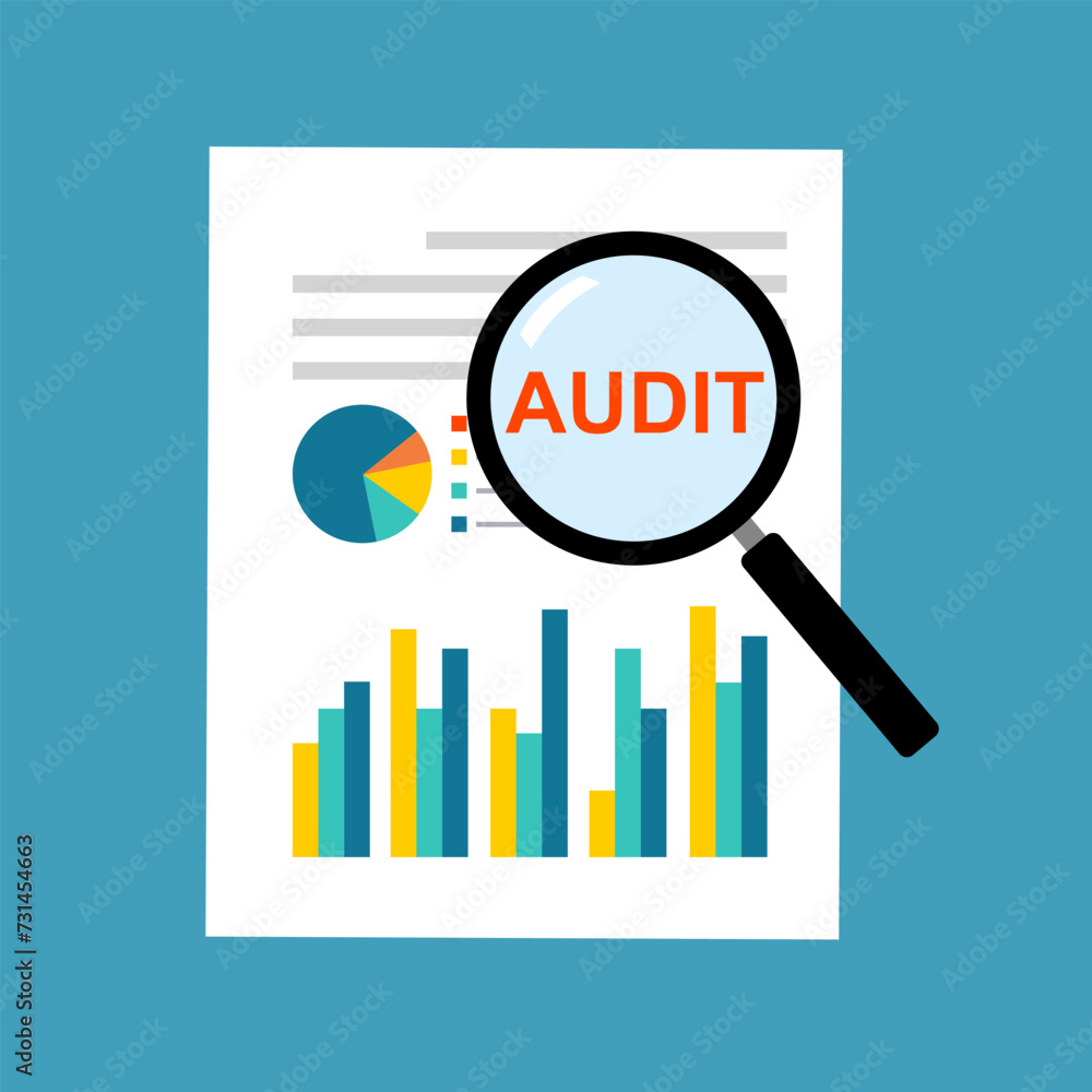 Magnifier on a business report document in flat design. Audit concept. Magnifier on a business report document in flat design. Audit concept.