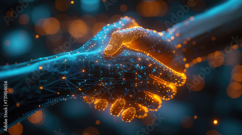 Close-up of a leader's hand shaking a holographic hand, representing the merging of human leadership with AI technology in business innovation 286