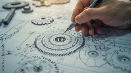 Close-up of a mechanical engineer's hand drafting a complex gear system, technical drawings in the background