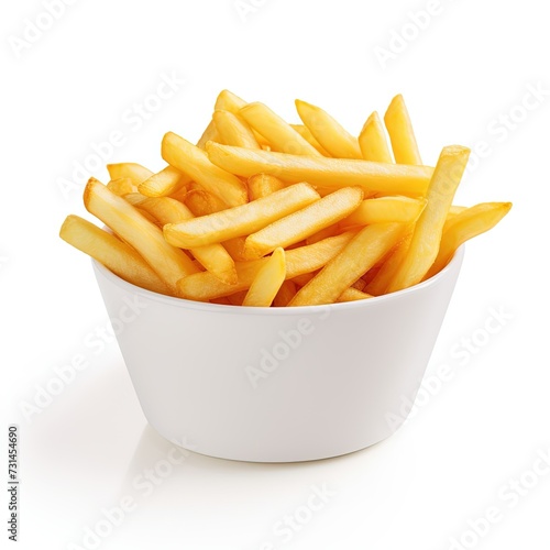 Golden Crisp: Tempting French Fries, Isolated on a Pristine White Background. Delight in the Irresistible Crunch and Flavorful Seasoning of These Classic Fries, Perfectly Captured for Your Culinary Pl