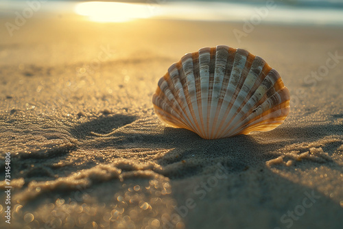 Generative AI Image of Sea Shell on Beach Sand at Sunset