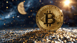 Macro shot of a golden Bitcoin on a starry background, moon in the upper corner, symbolizing high aspirations